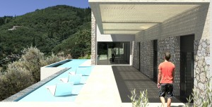 Residence in Gimari Kassiopi Corfu main pergola space and pool with view
