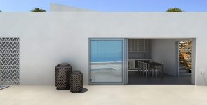 Architecture project summer villa in Kea Cyclades Living room and patio garden facade