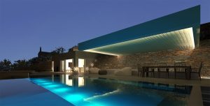 Architecture project summer villa in Kea Cyclades horizon swimming pool and water lever seating space and pergola