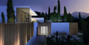 Μοντέρνα αρχιτεκτονική κατοικία στην Κέρκυρα ξύλινος φράκτης και σκίαστρο