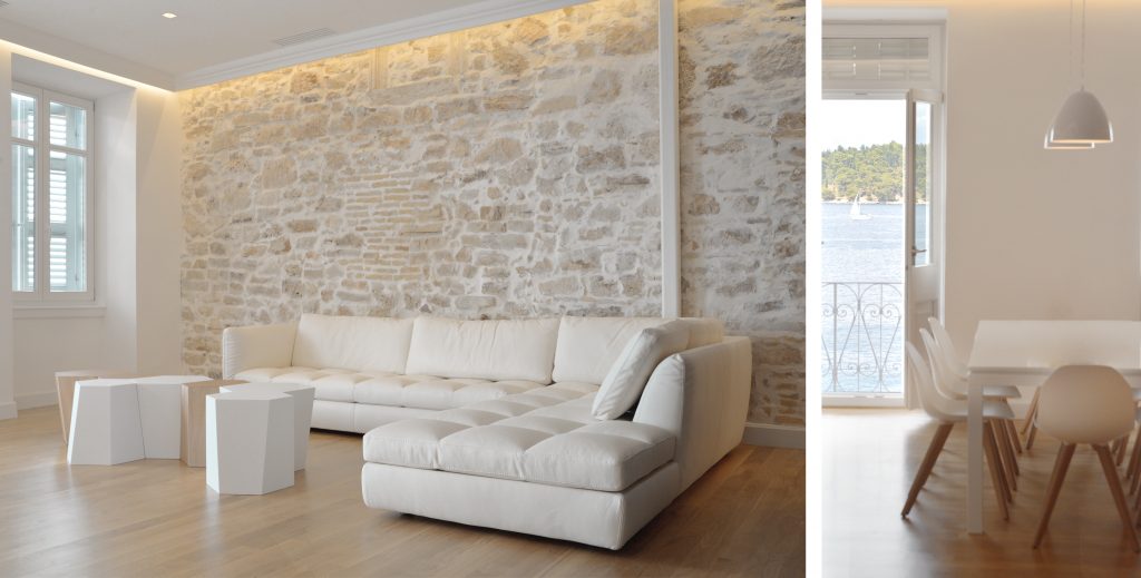 Old Corfu Town Apartment Refurbishment Living room with exposed stone ...